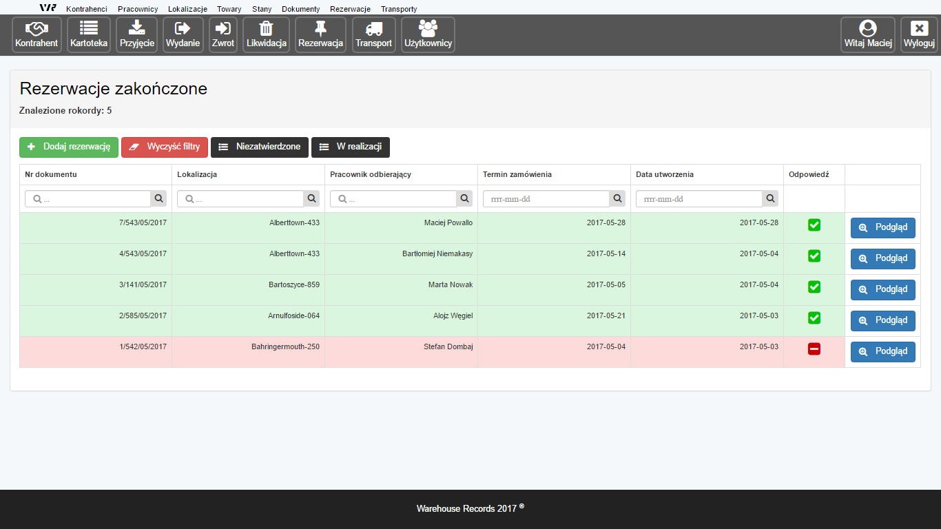 Wykaz rezerwacji